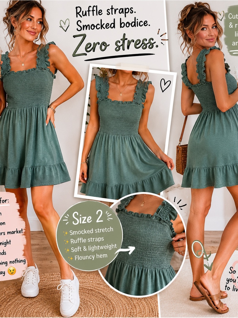 Sage Green Smocked Ruffle Mini Dress Size 2 Cottagecore Babydoll Stretchy